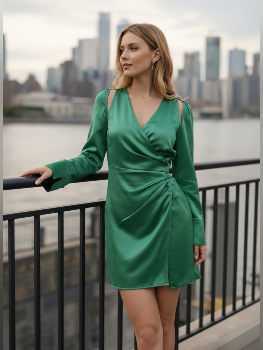 NWT Nanushka Ira Glossy Satin Wrap Dress in Green Size S